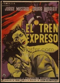 2t032 EL TREN EXPRESO Mexican poster 1955 Jorge Mistral, Laura Hidalgo, cool train artwork!
