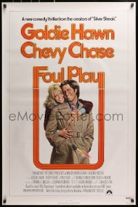 2w710 FOUL PLAY 1sh 1978 wacky Lettick art of Goldie Hawn & Chevy Chase, screwball comedy!
