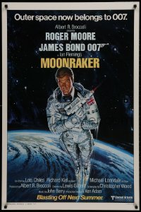 2w844 MOONRAKER style A advance 1sh 1979 art of Roger Moore as Bond blasting off in space by Goozee!