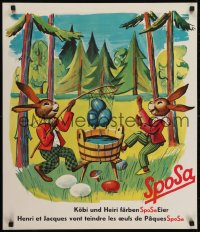 2w346 SPOSA 24x28 Swiss advertising poster 1950s cool art of two happy rabbits dying eggs!