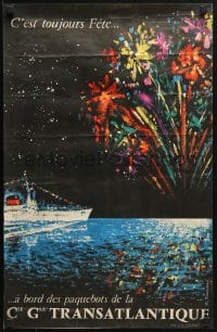 2w061 COMPAGNIE GENERALE TRANSATLANTIQUE 16x24 French travel poster 1953 cruise ship and fireworks!