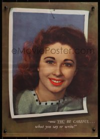 2w112 NOW YOU BE CAREFUL 14x20 WWII war poster 1945 image of a smiling woman popping out of photo!
