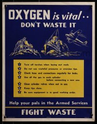 2w114 OXYGEN IS VITAL 17x22 WWII war poster 1942 art of a tank, battleship, and military plane!
