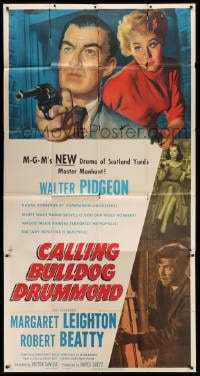 2x414 CALLING BULLDOG DRUMMOND 3sh 1951 close up of detective Walter Pidgeon pointing gun!