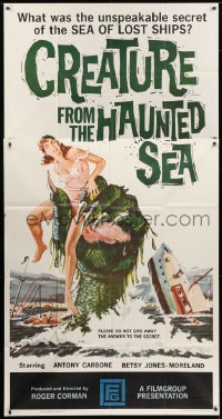 2x429 CREATURE FROM THE HAUNTED SEA 3sh 1961 great art of monster's hand in sea grabbing sexy girl!