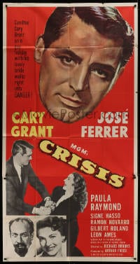 2x430 CRISIS 3sh 1950 great huge headshot artwork of Cary Grant, plus Paula Raymond & Jose Ferrer!