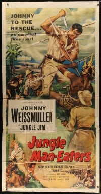 2x505 JUNGLE MAN-EATERS 3sh 1954 Cravath art of Johnny Weissmuller as Jungle Jim vs cannibals!