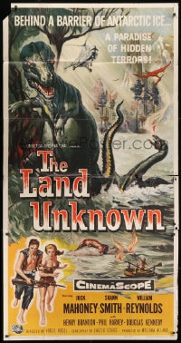 2x514 LAND UNKNOWN 3sh 1957 paradise of hidden terrors, great different art of dinosaurs!