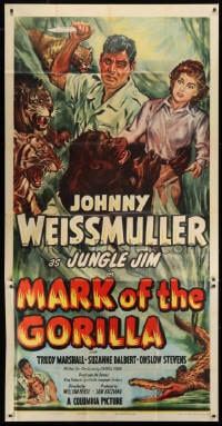 2x536 MARK OF THE GORILLA 3sh 1951 cool art of Johnny Weissmuller as Jungle Jim attacking ape!