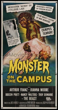 2x542 MONSTER ON THE CAMPUS 3sh 1958 different art of test tube terror carrying woman in nightgown!