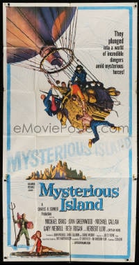 2x551 MYSTERIOUS ISLAND 3sh 1961 Ray Harryhausen, Jules Verne sci-fi, cool hot-air balloon image!