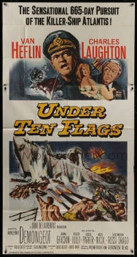 2x639 UNDER TEN FLAGS 3sh 1960 art of Van Heflin, Charles Laughton & sexy Mylene Demongeot!