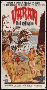 2x643 VARAN THE UNBELIEVABLE 3sh 1962 art of wacky dinosaur w/hands destroying civilization, rare!