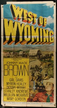 2x653 WEST OF WYOMING 3sh 1950 great image of Johnny Mack Brown with gun drawn by wagon train!