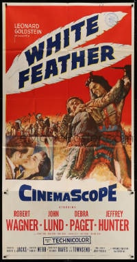 2x656 WHITE FEATHER 3sh 1955 art of Robert Wagner & Native American Debra Paget!