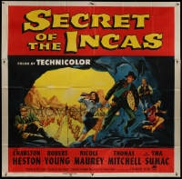 2x082 SECRET OF THE INCAS 6sh 1954 art of Charlton Heston, Robert Young & co-stars escaping in cave!