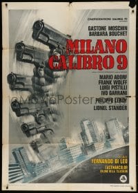 2x708 CALIBER 9 Italian 1p 1972 Milano calibro 9, cool Casaro art of gun in motion over city!