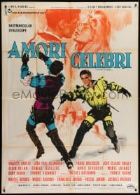 2x771 FAMOUS LOVE AFFAIRS Italian 1p 1961 art of sexy Brigitte Bardot + men duelling with swords!