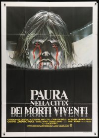 2x781 GATES OF HELL Italian 1p 1983 Lucio Fulci, wild artwork of girl bleeding from her eyes!