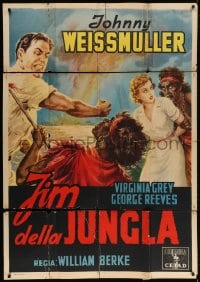 2x826 JUNGLE JIM Italian 1p 1950s Ballester art of Weissmuller saving Virginia Grey from natives!