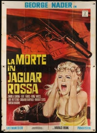 2x174 DEATH IN THE RED JAGUAR Italian 2p 1970 Mos art of screaming blonde woman & gagged man!