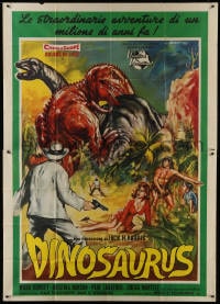 2x185 DINOSAURUS Italian 2p 1960 great different Bart artwork of people watching dinosaurs fight!