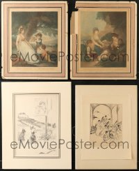 2y314 LOT OF 4 UNFOLDED ART PRINTS GLUED TO BOARDS 1910s ready to frame & hang on your wall!