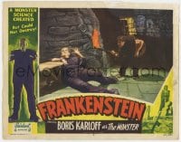 3b446 FRANKENSTEIN LC #8 R1951 Dwight Frye holding torch by chained Boris Karloff as the monster!