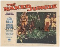 3b529 NAKED JUNGLE LC #8 1954 Eleanor Parker, Charlton Heston & William Conrad watch native men!