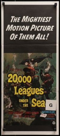 3c215 20,000 LEAGUES UNDER THE SEA Aust daybill R1970s art of Jules Verne's deep sea divers!