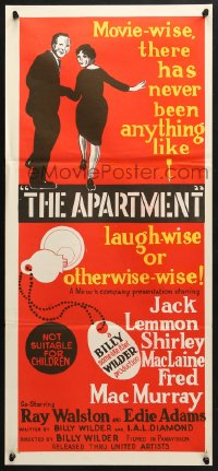 3c229 APARTMENT Aust daybill 1960 Billy Wilder, Jack Lemmon, Shirley MacLaine, cool key-in-lock art!
