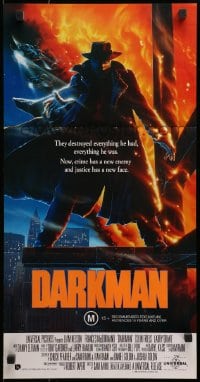 3c282 DARKMAN Aust daybill 1990 directed by Sam Raimi, cool Alvin art of masked hero Liam Neeson!