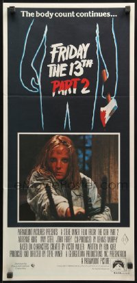 3c325 FRIDAY THE 13th PART II Aust daybill 1981 Amy Steel with pitchfork in slasher horror sequel!