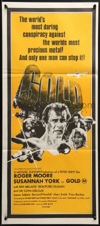 3c336 GOLD Aust daybill 1974 Roger Moore, Susannah York, cool epic adventure art!