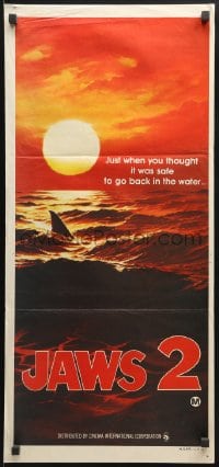 3c371 JAWS 2 teaser Aust daybill 1978 classic art of man-eating shark's fin in red water at sunset!