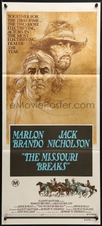 3c417 MISSOURI BREAKS Aust daybill 1976 art of Marlon Brando & Jack Nicholson by Bob Peak!