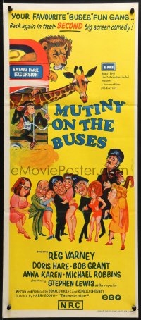 3c421 MUTINY ON THE BUSES Aust daybill 1972 Hammer, wacky art of Reg Varney with two sexy ladies!