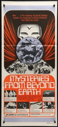 3c422 MYSTERIES FROM BEYOND EARTH Aust daybill 1975 cool artwork of wacky alien & flying saucers!