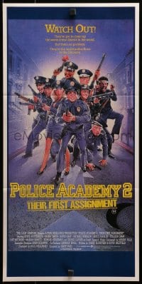 3c451 POLICE ACADEMY 2 Aust daybill 1985 Steve Guttenberg, Bubba Smith, Drew Struzan art of cast!