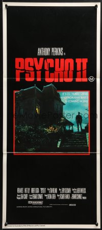 3c459 PSYCHO II Aust daybill 1983 Anthony Perkins as Norman Bates, creepy image of classic house!