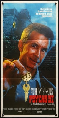 3c460 PSYCHO III Aust daybill 1986 close image of Anthony Perkins as Norman Bates, horror sequel!