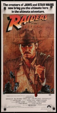 3c463 RAIDERS OF THE LOST ARK Aust daybill 1981 great Richard Amsel artwork of Harrison Ford!
