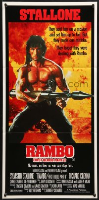 3c466 RAMBO FIRST BLOOD PART II Aust daybill 1985 no man, no law, no war can stop Stallone!