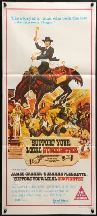 3c516 SUPPORT YOUR LOCAL GUNFIGHTER Aust daybill 1971 wacky art of cowboy James Garner on donkey!