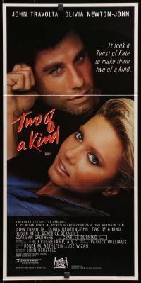3c545 TWO OF A KIND Aust daybill 1984 close-up of John Travolta & Olivia Newton-John!