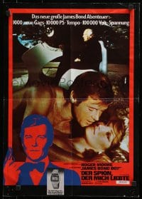 3c632 SPY WHO LOVED ME German 16x23 1977 Roger Moore as James Bond, Bach, Jurgens, red style!
