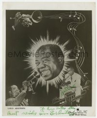 3d589 LOUIS ARMSTRONG signed 8.25x10 music publicity still 1950s montage of the legendary trumpeter!