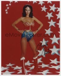 3d906 LYNDA CARTER signed color 8x10 REPRO still 1990s full-length portrait in Wonder Woman costume!