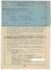 3d209 JACK MULHALL signed contract 1956 joining American Federation of Television & Radio Artists!