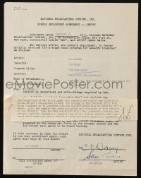 3d210 SAM LEVENE signed contract 1951 getting paid $1,000 to appear on NBC's The Big Show!
